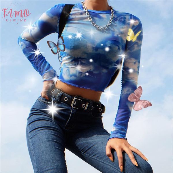 

new fashion women t shirts see through sheer mesh t shirt crop blue sky white clouds printed female summer vest