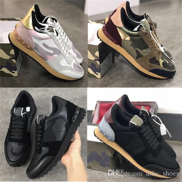 

colors rockrunner sneakers men women real leather flat trainers designer camouflage lace-up platform causal shoes with box size 46, Black