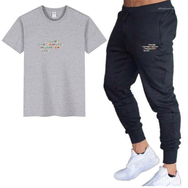 

2pcs tracksuits solid color crew neck short sleeve homme clothing long pants loose casual apparel mens sport designer, Gray