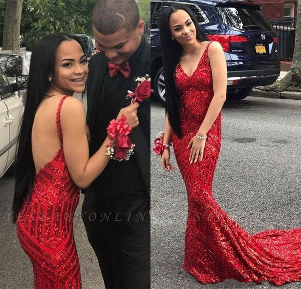 

sparkly red sequins 2k19 prom dresses african v neck sweep train backless evening dress party gowns, Black