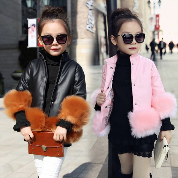 

new winter girls leather patchwork faux fur coats children girl fashio plush thick warm cotton princess jacket outwear ct052, Blue;gray