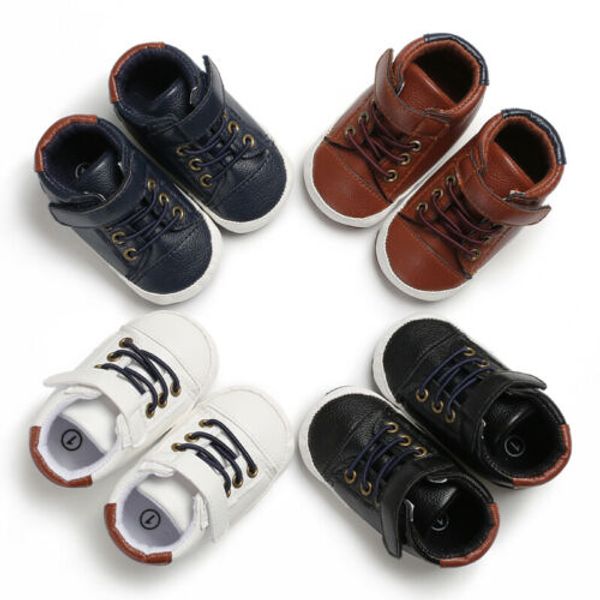 

toddler baby infant boy girl casual shoes pram pu leather anti slip sneakers, Black