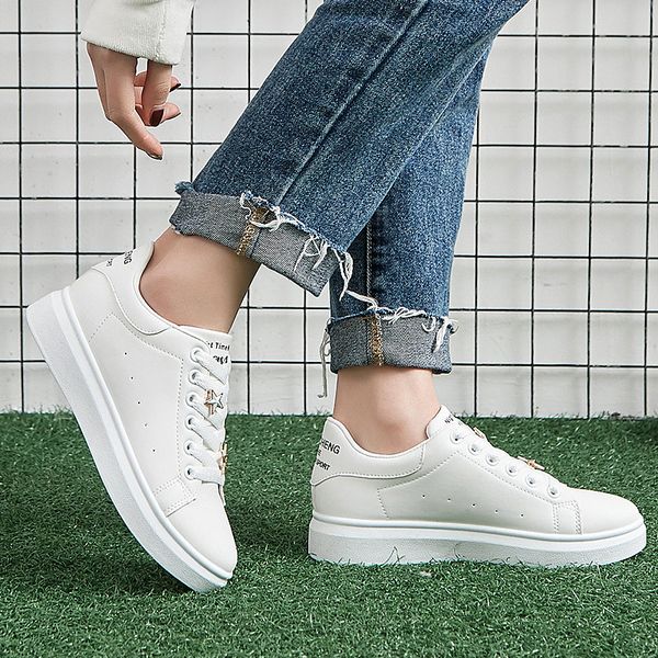 

women casual shoes 2019 new women sneakers fashion breathable pu leather platform white women shoes soft footwears woman b578, Black