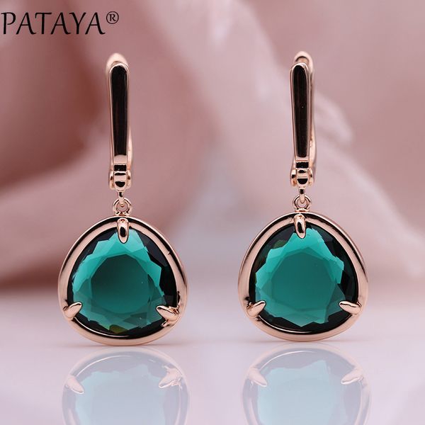 

pataya new triangle long earrings women simple green fashion jewelry 585 rose gold candy colors unique zircon dangle earrings, Silver