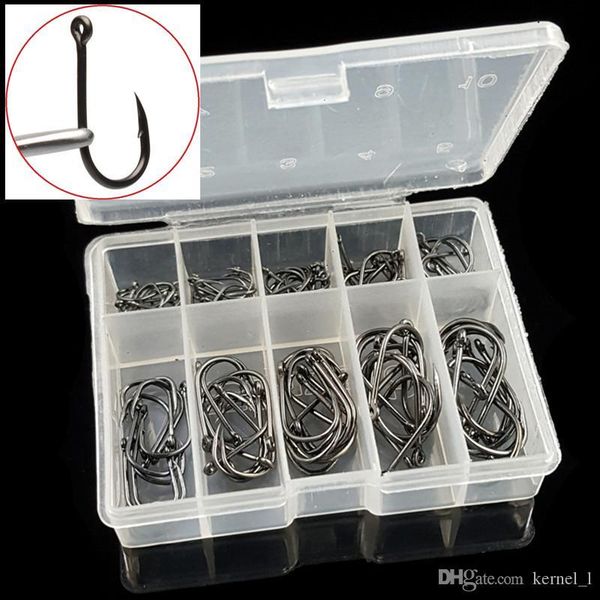 

100pcs 1box 3-12# black ise hook high carbon steel barbed hooks fishing hooks pesca carp fishing tackle accessories transparent box