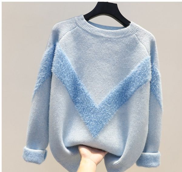 

новое поступление весной 2019 года высокое качество имитация бархата свободный случайный свитер сладкий v-образный жаккардовый толстый свите, White