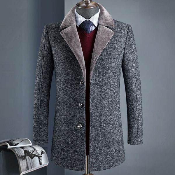 

2019 new winter men's solid color wool woolen coat lapel business casual wild warm woolen coat, Black