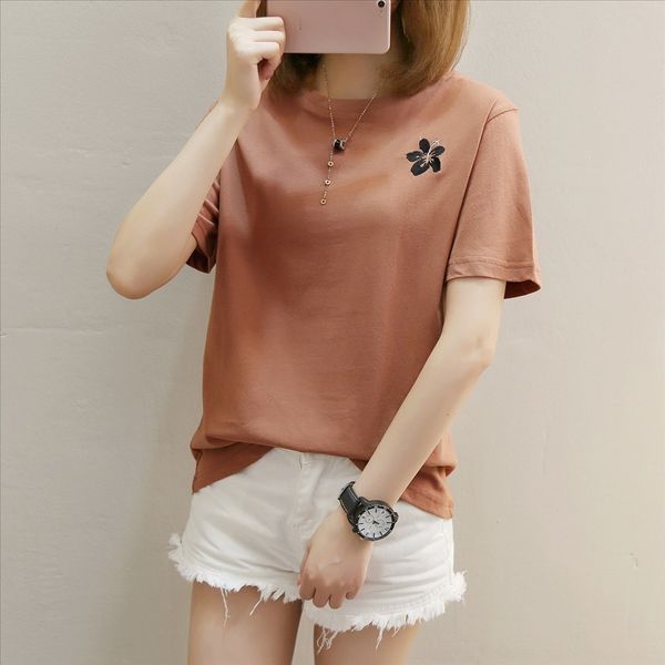 

2020 loose women's short sleeve all-match round collar base t-shirt embroidery embroidery student t-shirt, White