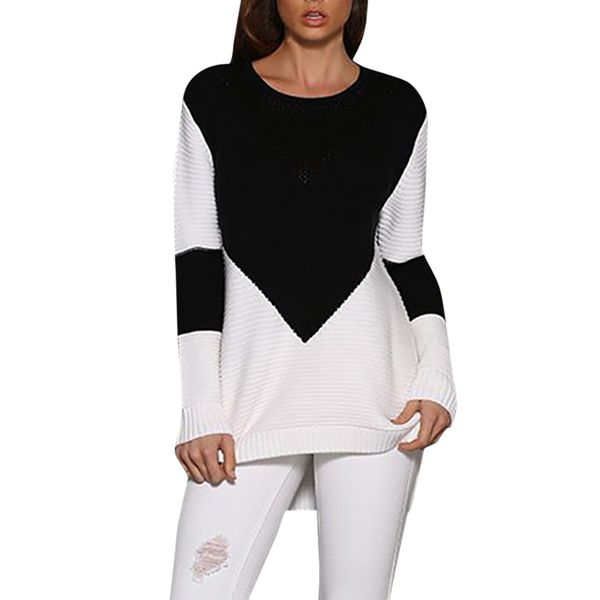 

2019 sweater women's fashion long sleeve colorblock hollow knitted sweater wrap pullover blusa de frio feminina #g3, White;black