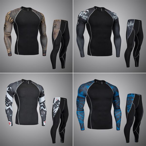 

mens compression running jogging suits set sports clothes long sleeve t shirt + pants gym fitness workout skin tights clothing, Black;blue