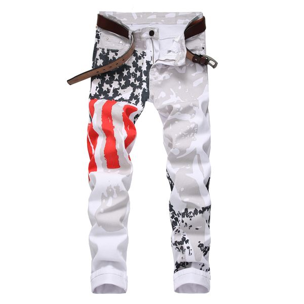 

prized white color american flag print mens casual jeans high elastic slim fit jeans stars and stripes fashion mens straight jeans pants, Blue