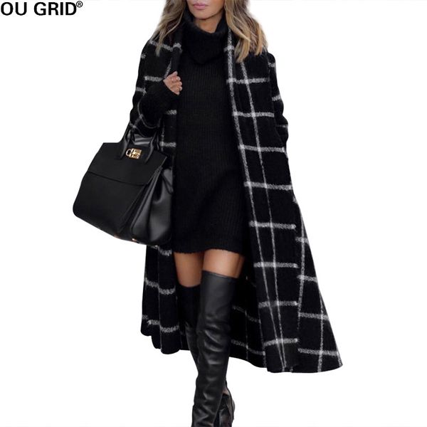 

winter autumn black plaid long coat women hooded collar warm elegant slim jacket fashion outwear cardigan with belt