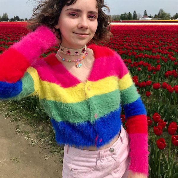 

designer womens v-neck sweaters brand short paragraph cardigan luxury womens rainbow stripe knit casual and cute style size s- wholesales, White