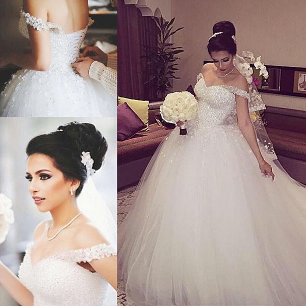 

gorgeous crystals sparkly white ball gown puffy wedding dresses formal off the shoulder sequins beading lace-up back african bridal gowns