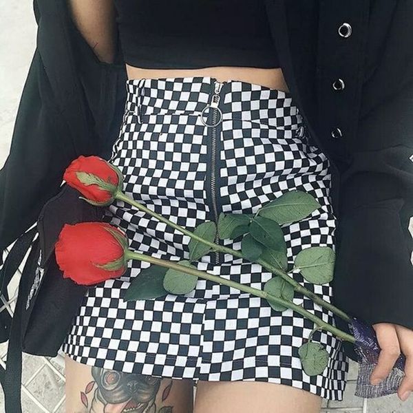 

high waist skirt summer mini skirt zipper unif checkered skirts womens short bottom, Black