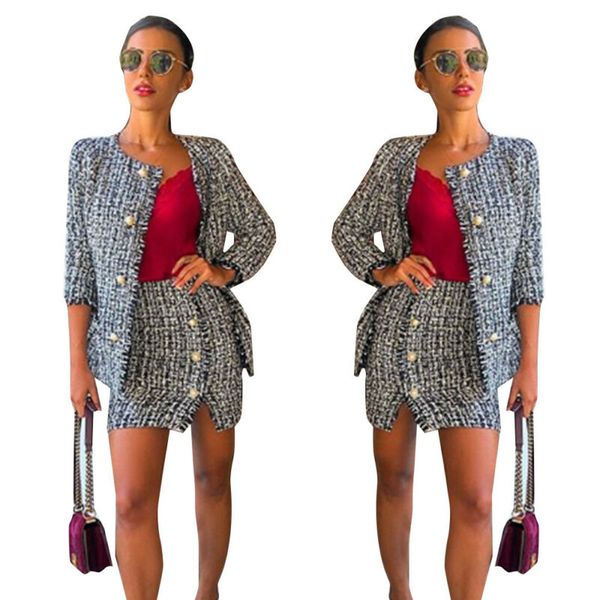 

womens sets ladies long sleeve weave plaid blazer ladies gray jacket coat outwear short slim skirt with button, White