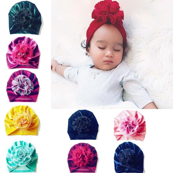 

baby winter hats children hat gold velvet hand-stitched hat lace mesh flower elastic pleated hat solid color 61, Yellow