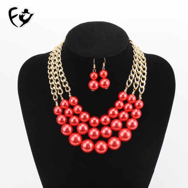 

european and american fashion six colors three-layer imitation pearl earrings necklace bride wedding banquet short set jewelry, Golden;silver