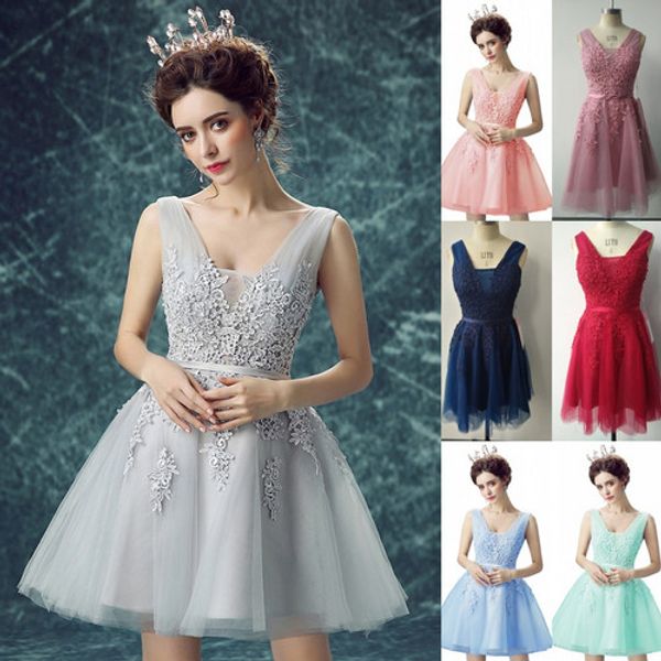

2019 short lace appliqued homecoming dresses mini v nack prom patry gown real pictures cocktail dresses in stock cap341, Blue;pink