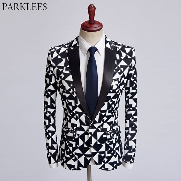 

mens black white plaid blazer jacket casual one button male check print suit coats wedding singer dj stage party terno masculino, White;black