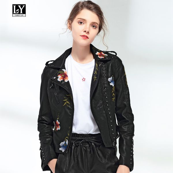 

ly varey lin faux soft leather embroidery jacket coat autumn women floral print punk rivet zipper jacket black white outerwear