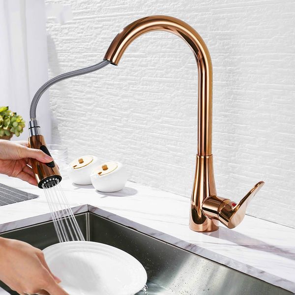 

Rose Gold Kitchen Faucet Mixer Cold And Hot Deck Mounted Single Handle Pull Out Kitchen Sink Water Mixer Tap