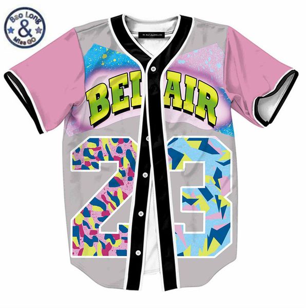 

мужская однобортный 3d рубашка streetwear hip hop summer тенниска bel air 23 fresh prince озноб цветок overshirt бейсбол джерси bj0608, White;black