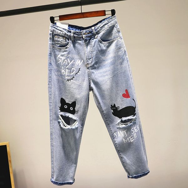 

мультфильм кошка рваные джинсы женские брюки прохладный джинсовые старинные прямые джинсы для девушки с высокой талией повседневные брюки же, Blue