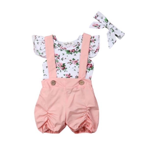 

floral sleeveless romper bib shorts suspender overalls outfit clothes set casual summer newborn infant baby girls 0-18m, White