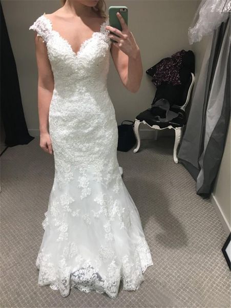 

mermaid lace wedding dresses 2019 deep v neckline short sleeve wedding dress sheer bridal gowns plus size bride formal gown, White