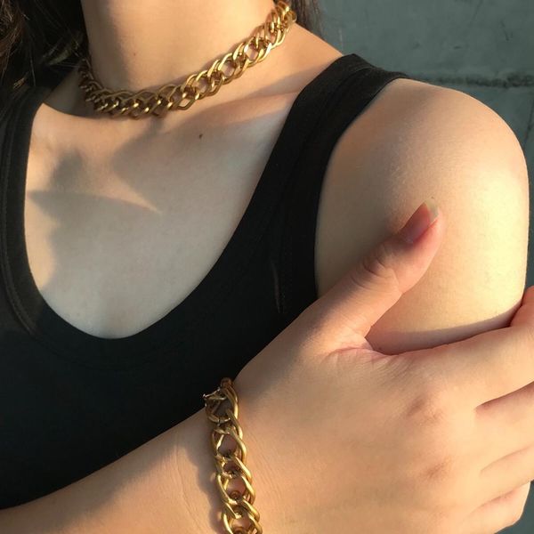

diezi vintage punk gold color chain jewelry sets choker necklace collar statement chunky necklace bracelet set for women men, Silver