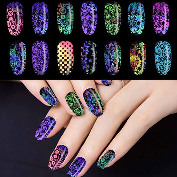 

1 roll holographic nail foil flame panda bamboo holo nail art water transfer slider sticker diy manicure decor tool, Black