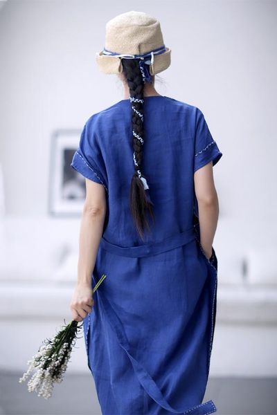 

юань первоначально литература и искусство платья синего рами глубокий v-образный вырез с коротким рукавом пуловер шнуровка талии обниматься, White;black