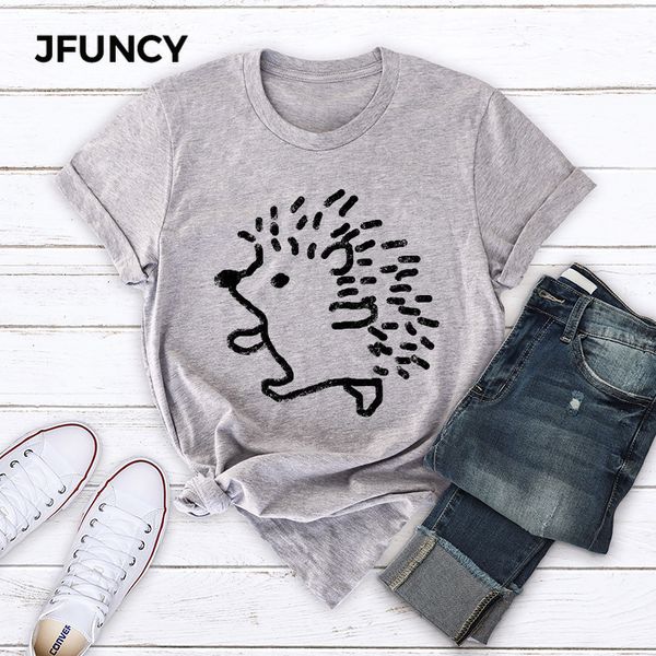

jfuncy 2020 summer 100% cotton women t-shirt plus size s-5xl graphic tees short sleeve female cute hedgehog printed t shirt, White