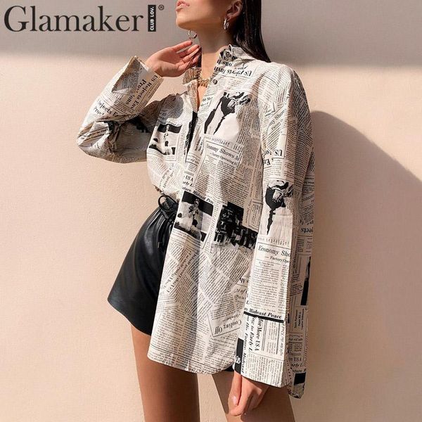 

glamaker newspaper print turndown collar elegant blouse women long mandarinÂ sleeve blouse female autumn winter party sexy, White