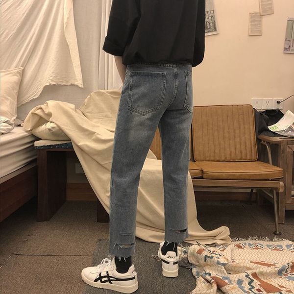 

back trousers hole jeans men spring new washed retro color slim feet pants wild was thin nine-point pants, Blue