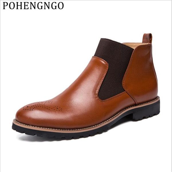 

new spring genuine leather brogue style fashion men ankle boots man high formal boots casual cowboy riding shoes, Black