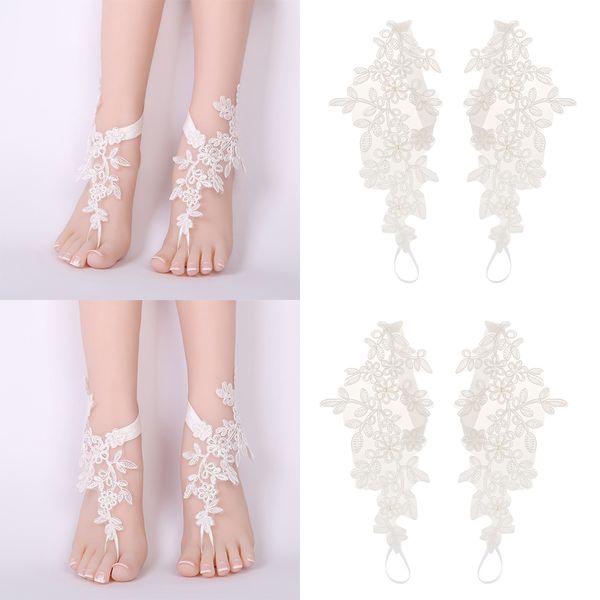 

4 pair of barefoot sandals lace anklets foot chain woman bridal jewelry, White