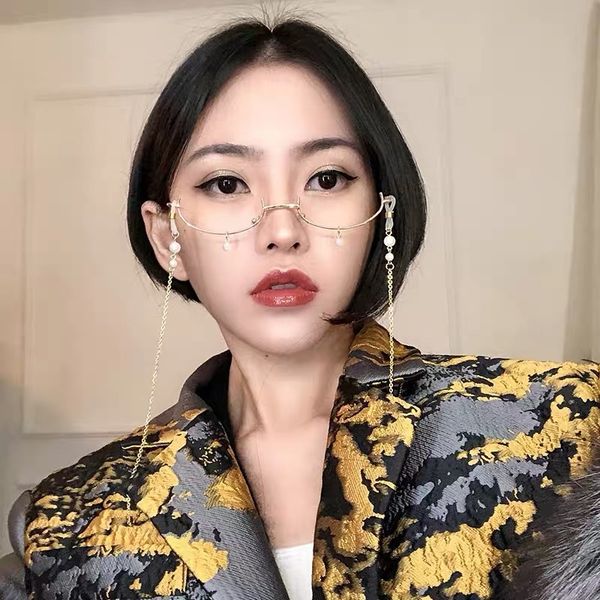

lower half- pearl frame frame non-lens secondary electronic pendant bead pendant glasses girl glasses chain, Blue