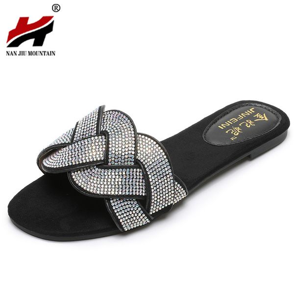 

nan jiu mountain 2020 summer women's flat slippers bohemian rome rhinestone sandals outside beach shoes plus size, Black