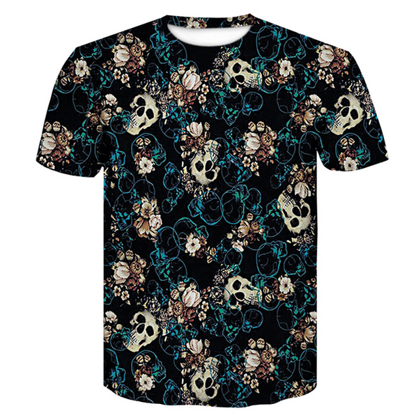 

2019 new fashion horror skulls flowers men's hip hop 3d printing collar short-sleeved men's/women's t-shirts streatwear cami, White;black
