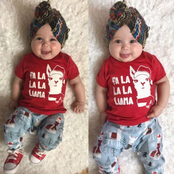 

new christmas style cotton nebworn clothes xmas baby boy llama red alpaca print t-shirt +long pant toddler children clothing, Pink;blue