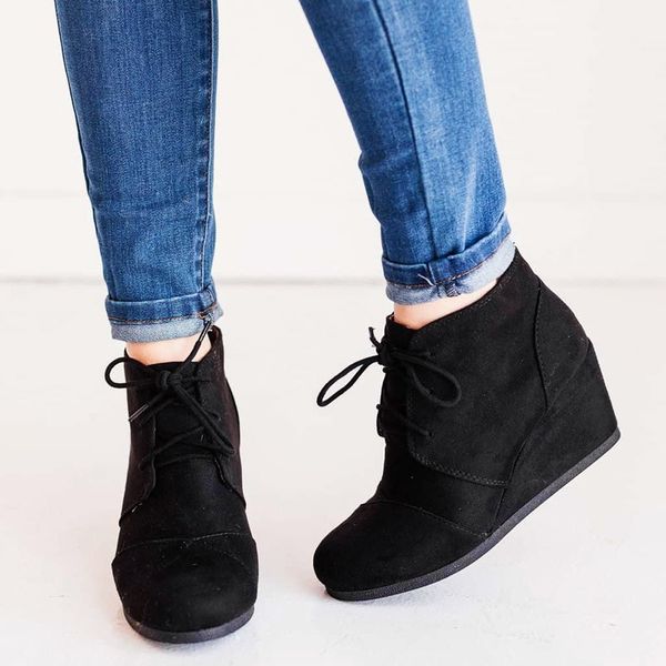 

women's shoes korean woman ankle winter boots fashion women suede wedges lace-up solid color short booties round toe shoes#g3, Black