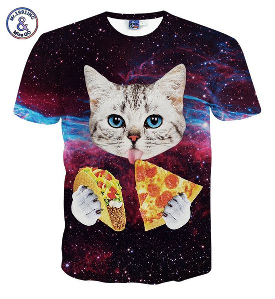 

mens designer 3d digital printing short t pizza cat creative short sleeve couple large size t-shirt, White;black