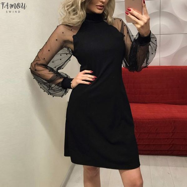 

women's dresses autumn spring dress for women women's pearl beading mesh sleeve dress long sleeve a-line mini party dress #f, Black;gray