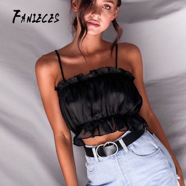 

fanieces 2019 fashion solid black pink red ruffles crop women boho cami vest strapless tank female summer dropshipping, White