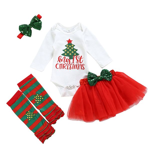 

my first christmas girl set 4pcs infant baby girl christmas tree long sleeve bodysuit+skirt tutu+cute hairband+leg sets outfits, White