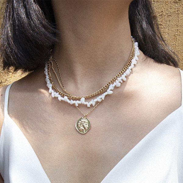 

diezi 2 style multilayer gold color coin pendant necklace for women ladies natural stone choker statement necklace jewelry, Silver