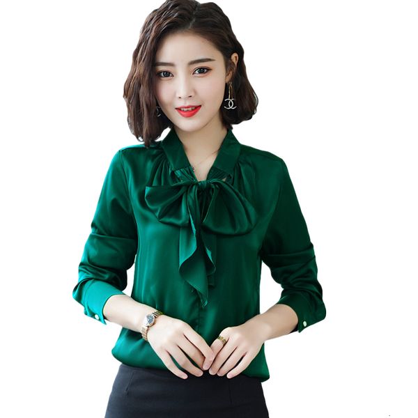 

2019 lent long mouw strike satine shirts women's office clothing blouses women's lace up bow black green white cm1132