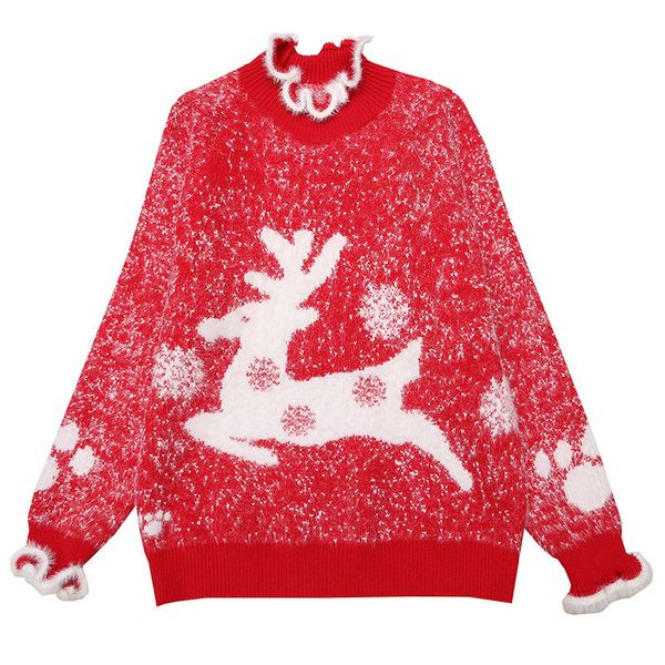 

autumn temperament women's turtleneck loose christmas cartoon printed red sweater thickened long sleeve sweater, White;black